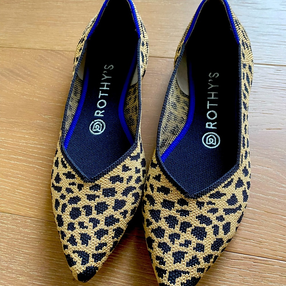Rothy’s Leopard The Point Slip On Ballet Flats with Cobalt Blue Trim